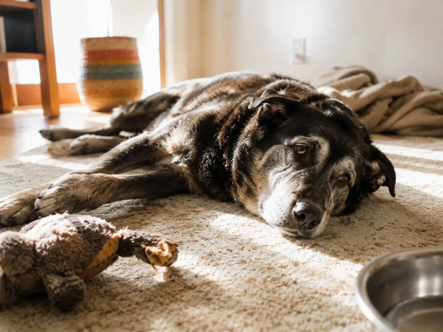 An older dog resting at home.